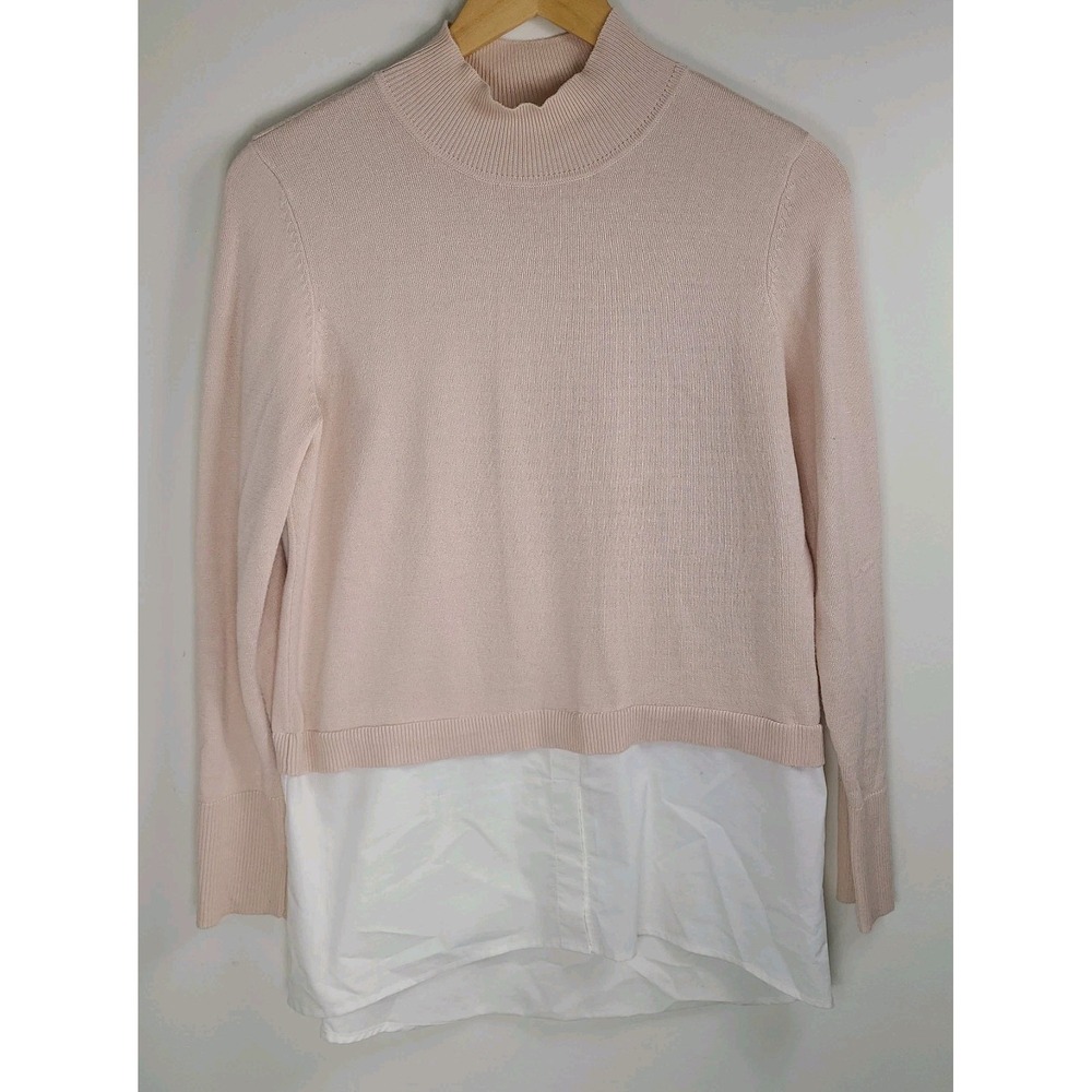 Chicos Size Small Pink Layered Sweater Top Knit & Woven Mixed Fabric Long Sleeve